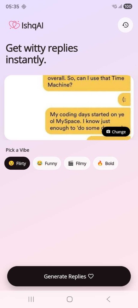 IshqAI app — upload a screenshot and get witty replies